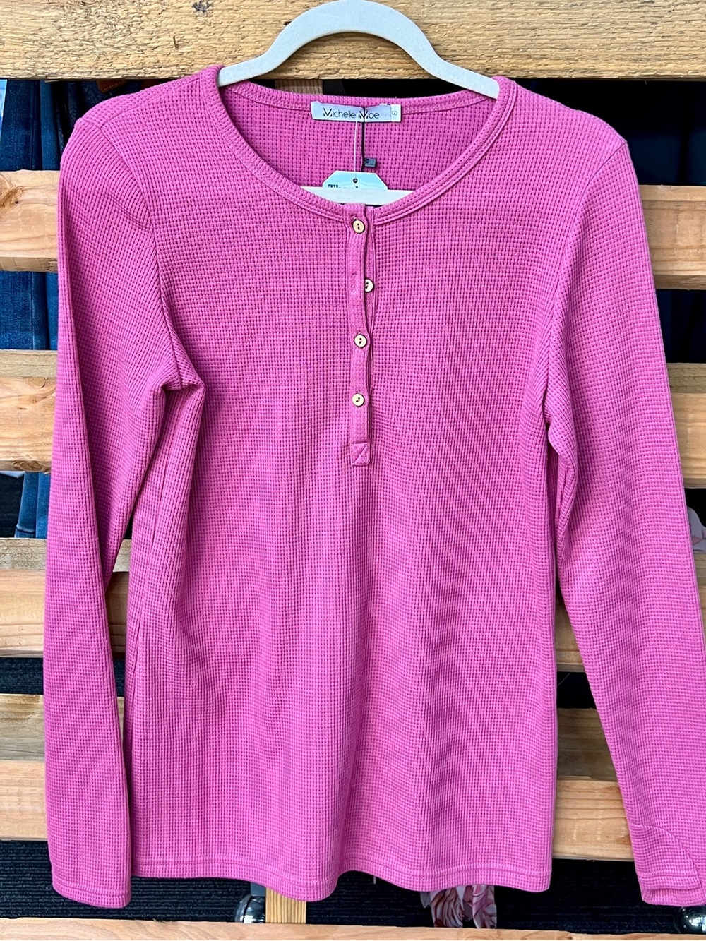 Michelle Mae Pink Waffle Henley Long Sleeve Top